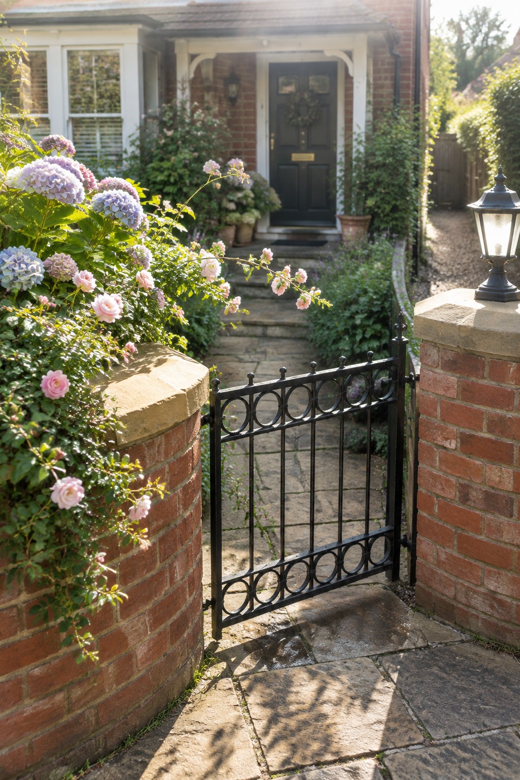 Open black wrought-iron gate between brick pillars amid pink roses and blue hydrangeas on stone path
