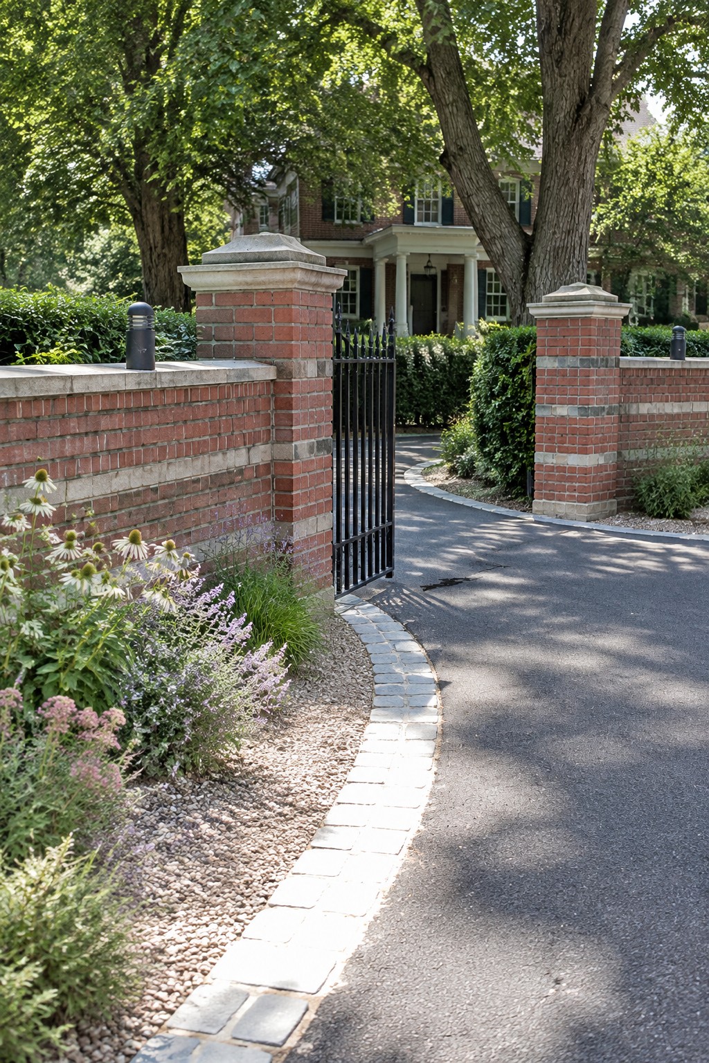 A narrow black metal gate between two red brick pillars marks the entrance to a paved driveway, with white flowers and greenery along the low brick wall in the foreground.