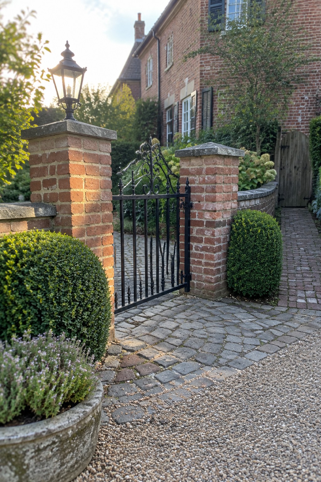 Open black wrought-iron gate between brick pillars on cobblestone path to house