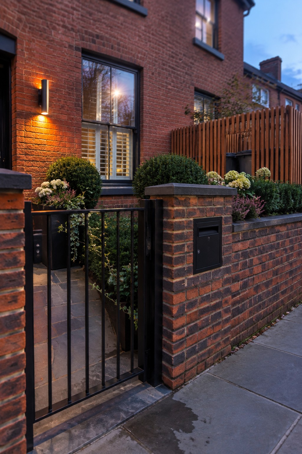A black metal pedestrian gate set into a low brick wall beside a red brick house, with green shrubs and a wooden fence visible behind it.