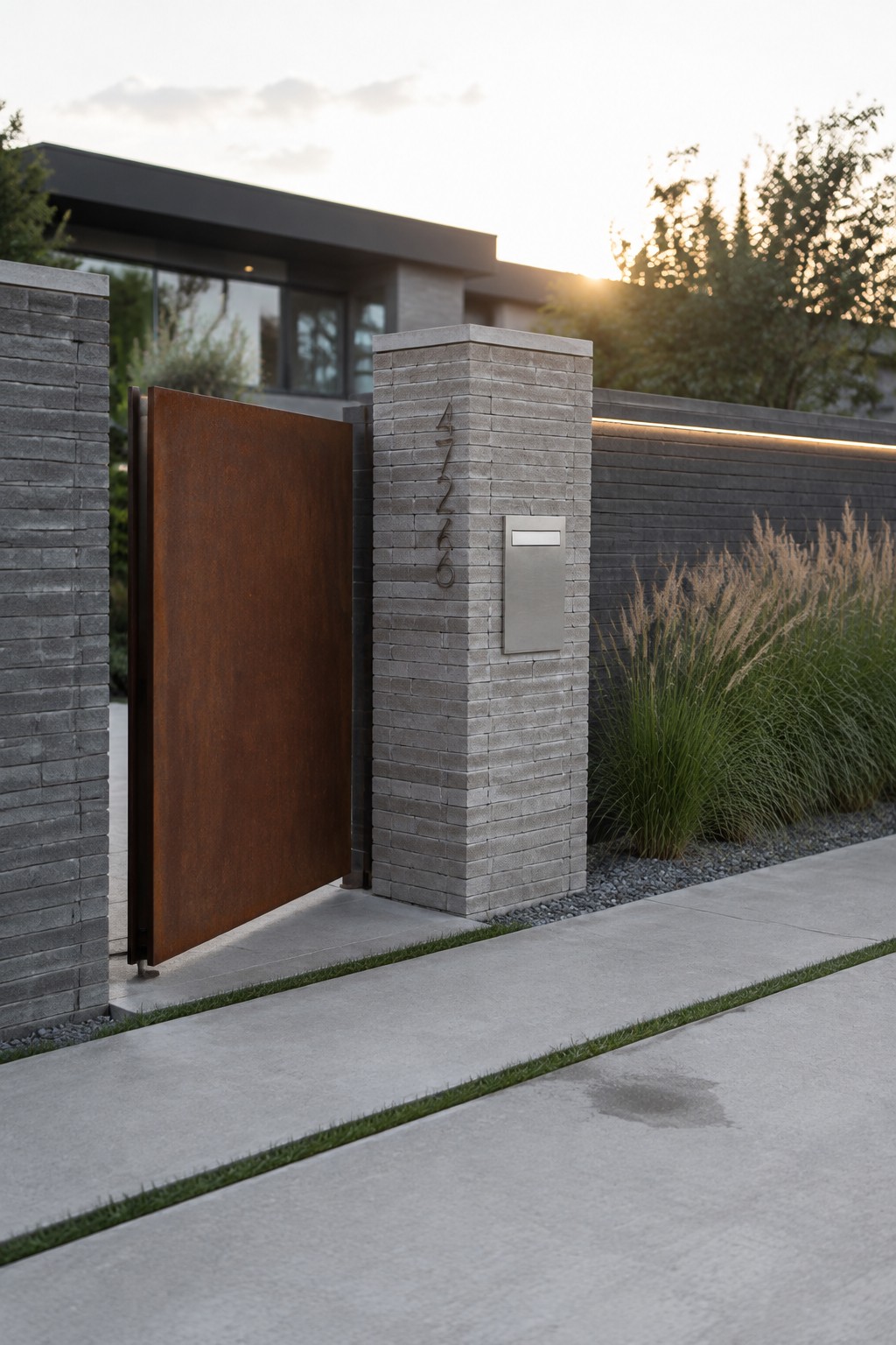 A rusted metal gate stands open beside a gray brick pillar displaying vertical house numbers and a stainless steel mailbox, with tall grasses along the driveway edge.