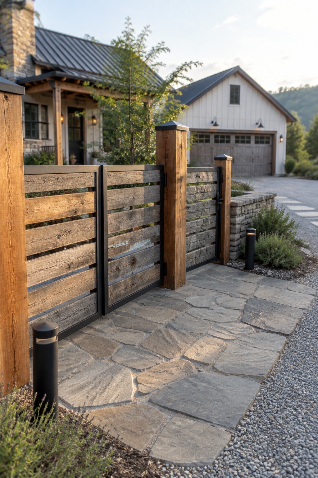 A wooden driveway gate with horizontal slats in a black metal frame stands open between wooden posts beside a flagstone path leading to a white farmhouse with a detached garage.