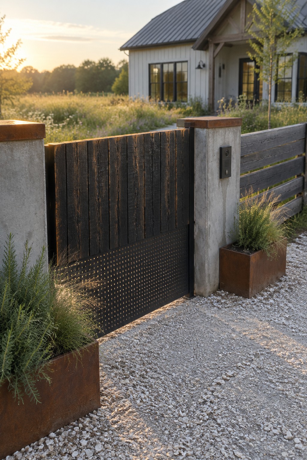 A modern farmhouse driveway gate with vertical dark wood planks over a perforated metal panel, set between concrete pillars beside a gravel path leading to a white house.