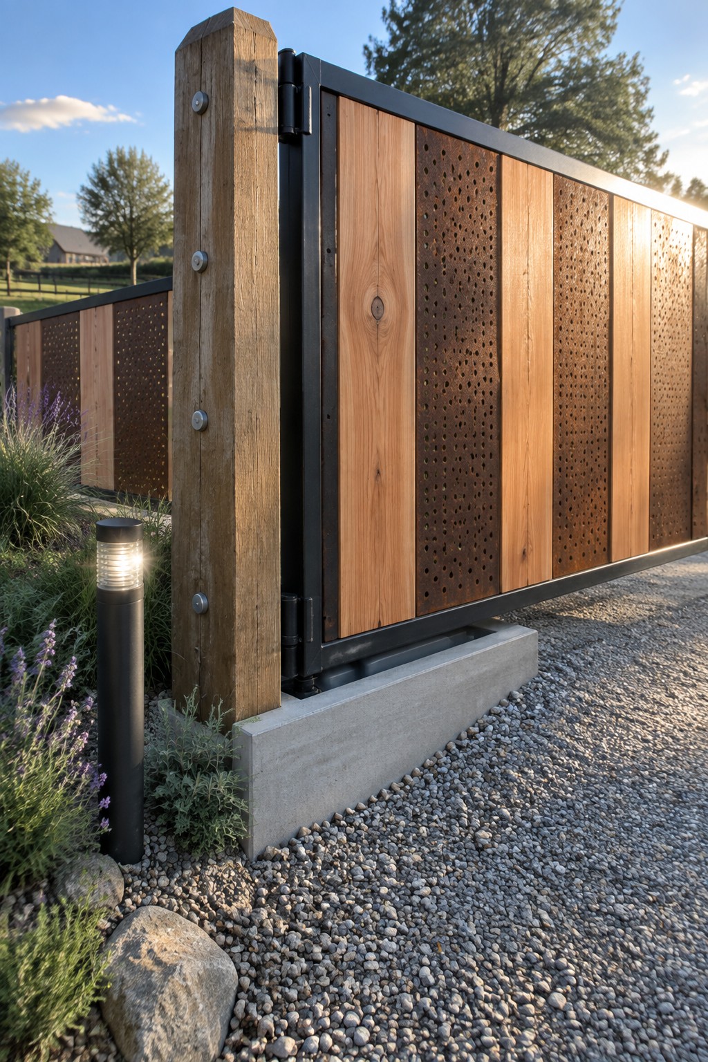 A modern farmhouse driveway gate featuring alternating vertical panels of light wood and perforated rusted metal, framed in black metal and mounted on a thick wooden post with a concrete base.