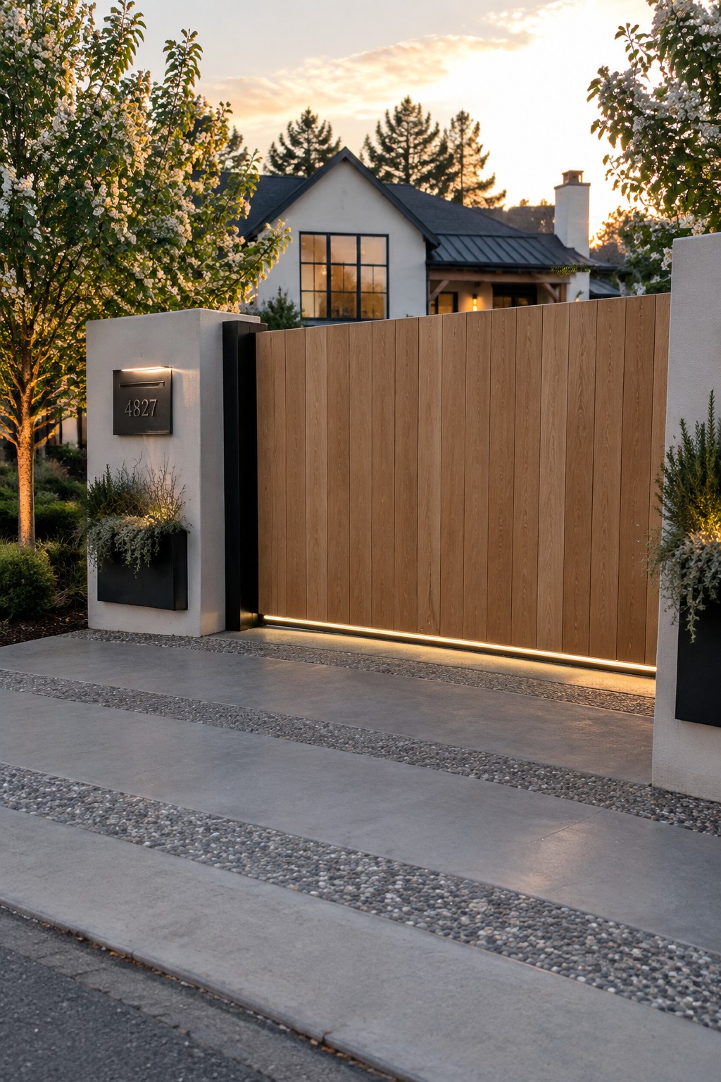 A modern farmhouse driveway entrance with a horizontal wood gate framed in black metal, set between concrete pillars with a lit address plaque.