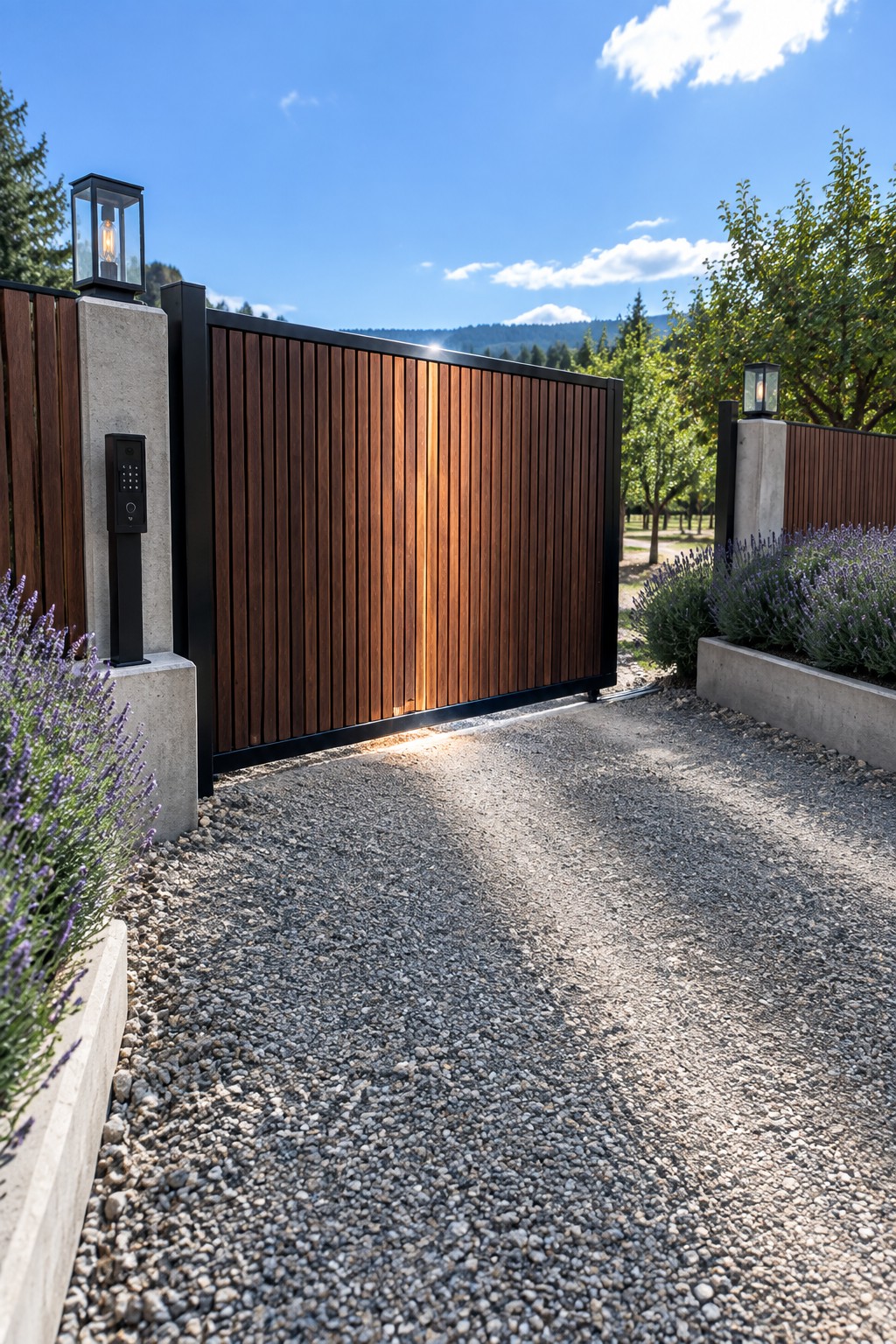 Modern wooden slat gate with black frame between concrete pillars on gravel drive
