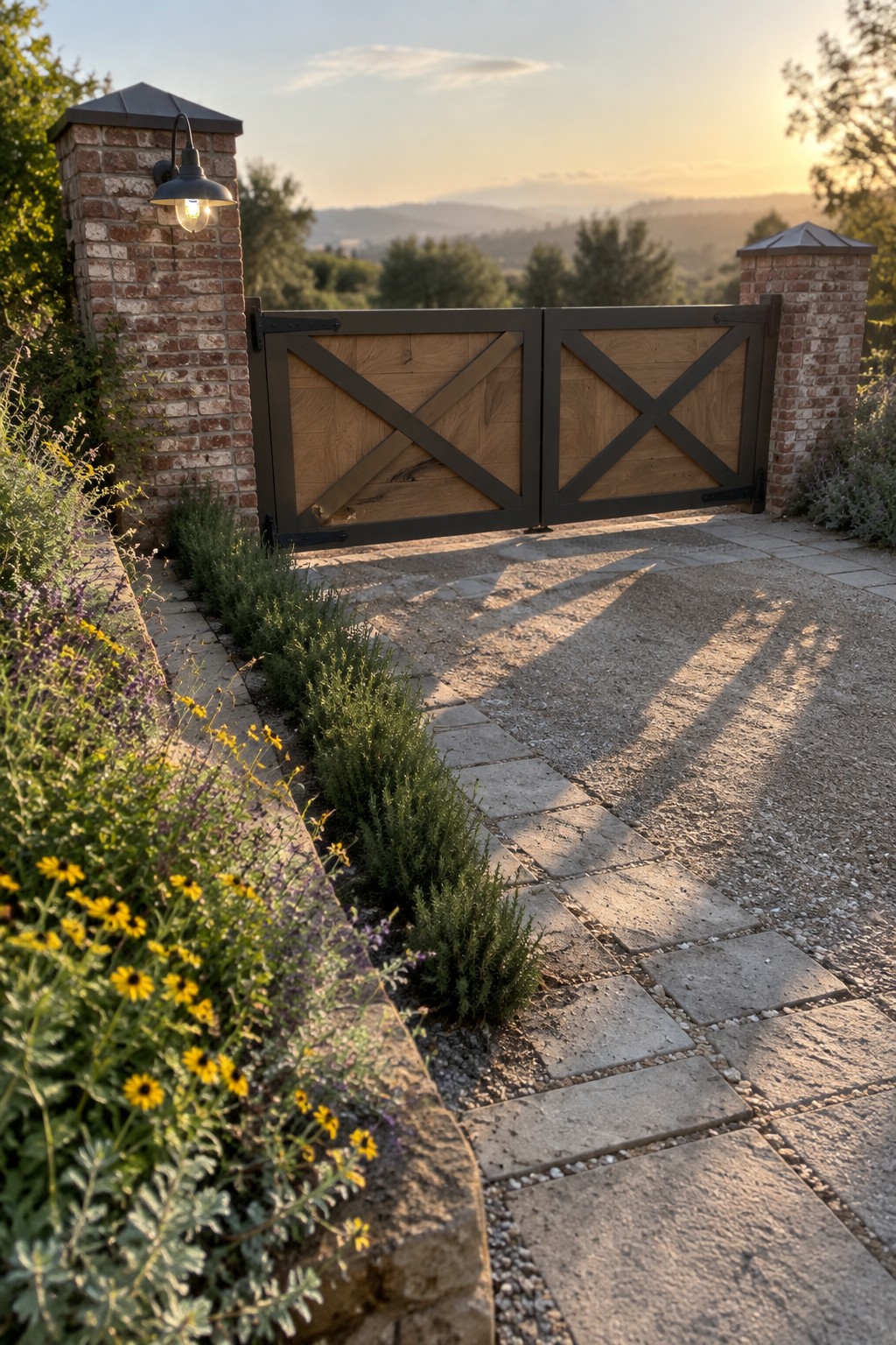 A wooden driveway gate with dark metal X bracing stands open between two brick pillars topped with lights, beside a stone path and garden beds.