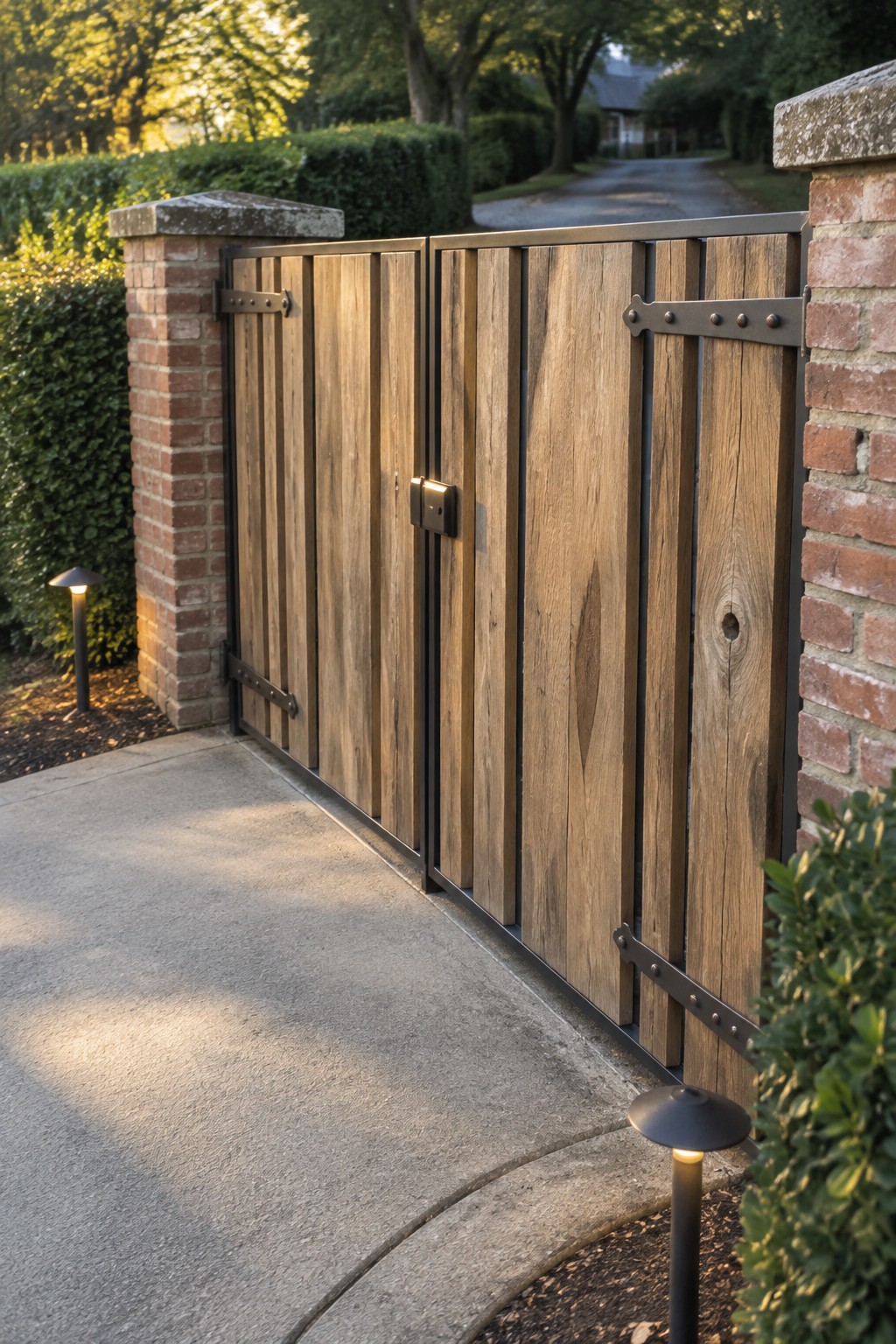A wooden driveway gate with vertical planks and dark metal hardware stands between brick pillars beside a concrete path.
