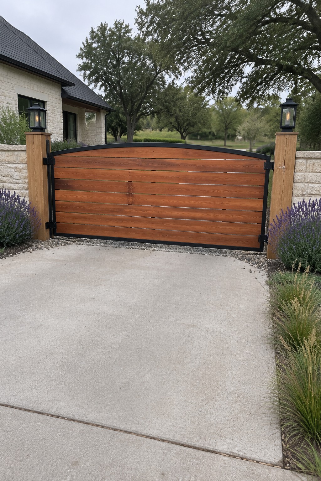 A wooden driveway gate with horizontal slats set in a black metal frame, flanked by wooden posts with lanterns and stone walls on either side.
