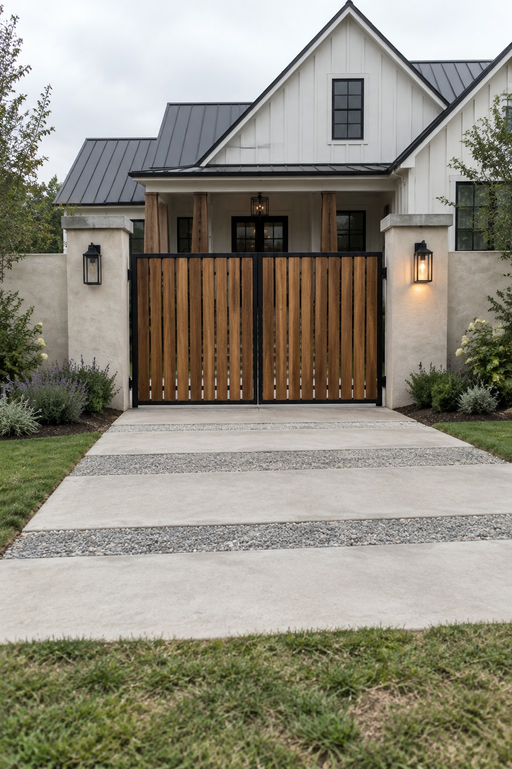 Modern white house with vertical wood gate, stone pillars, and concrete driveway