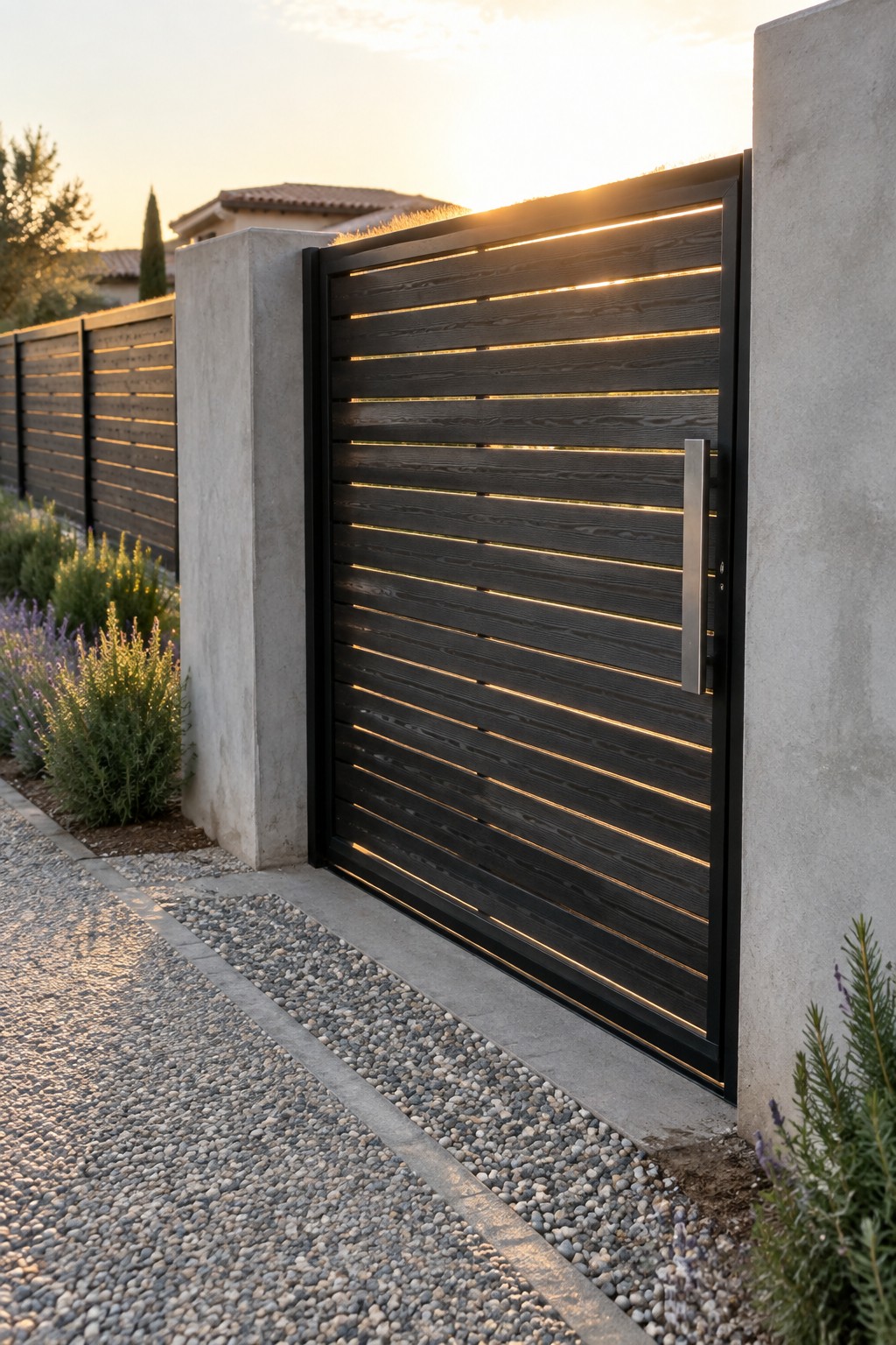 A dark wood driveway gate with horizontal slats and integrated top lighting set between concrete pillars on a gravel path.