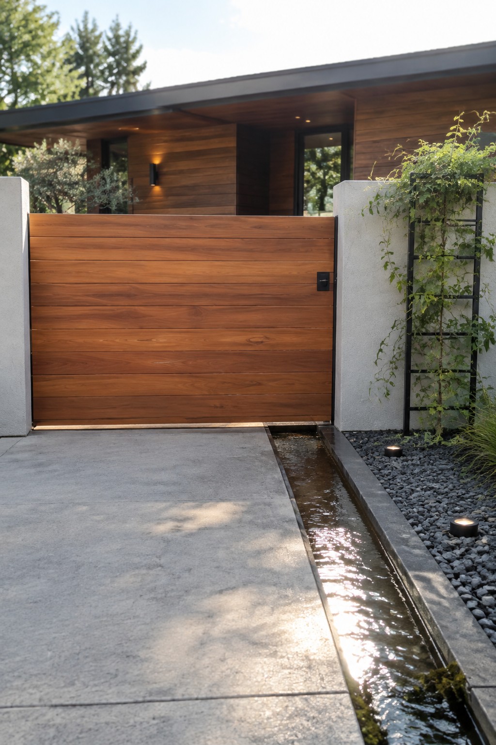 Modern wooden gate beside reflective water channel in minimalist driveway.