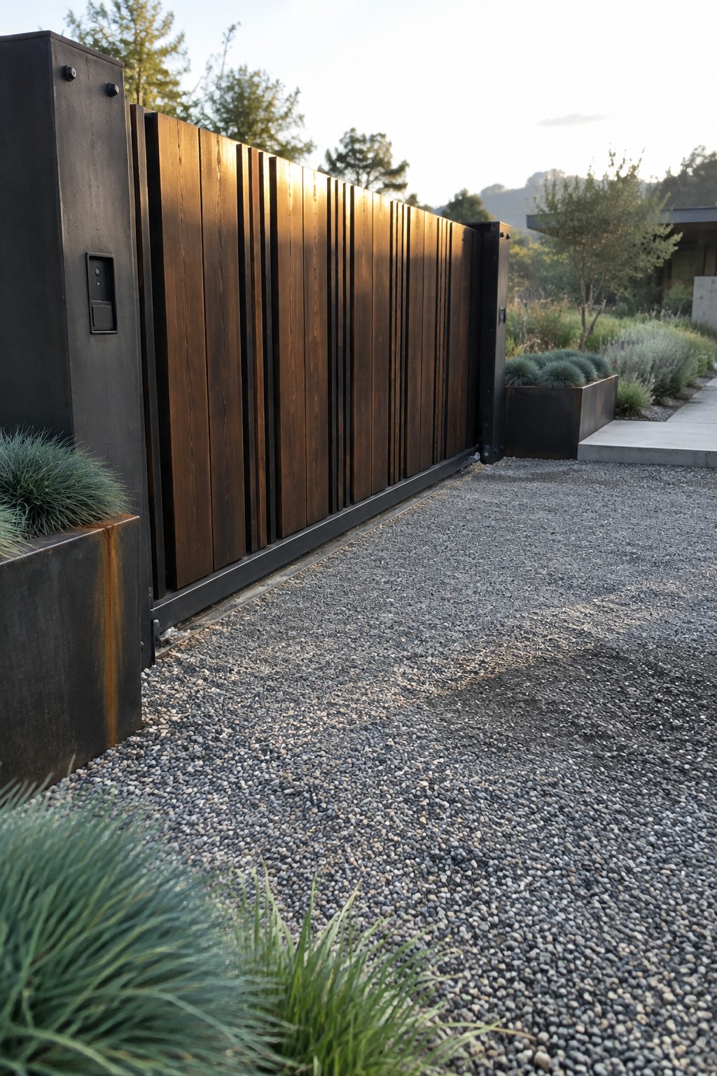 A modern driveway gate made of vertical wood slats in a dark metal frame stands partially open next to a gravel driveway with metal planters.
