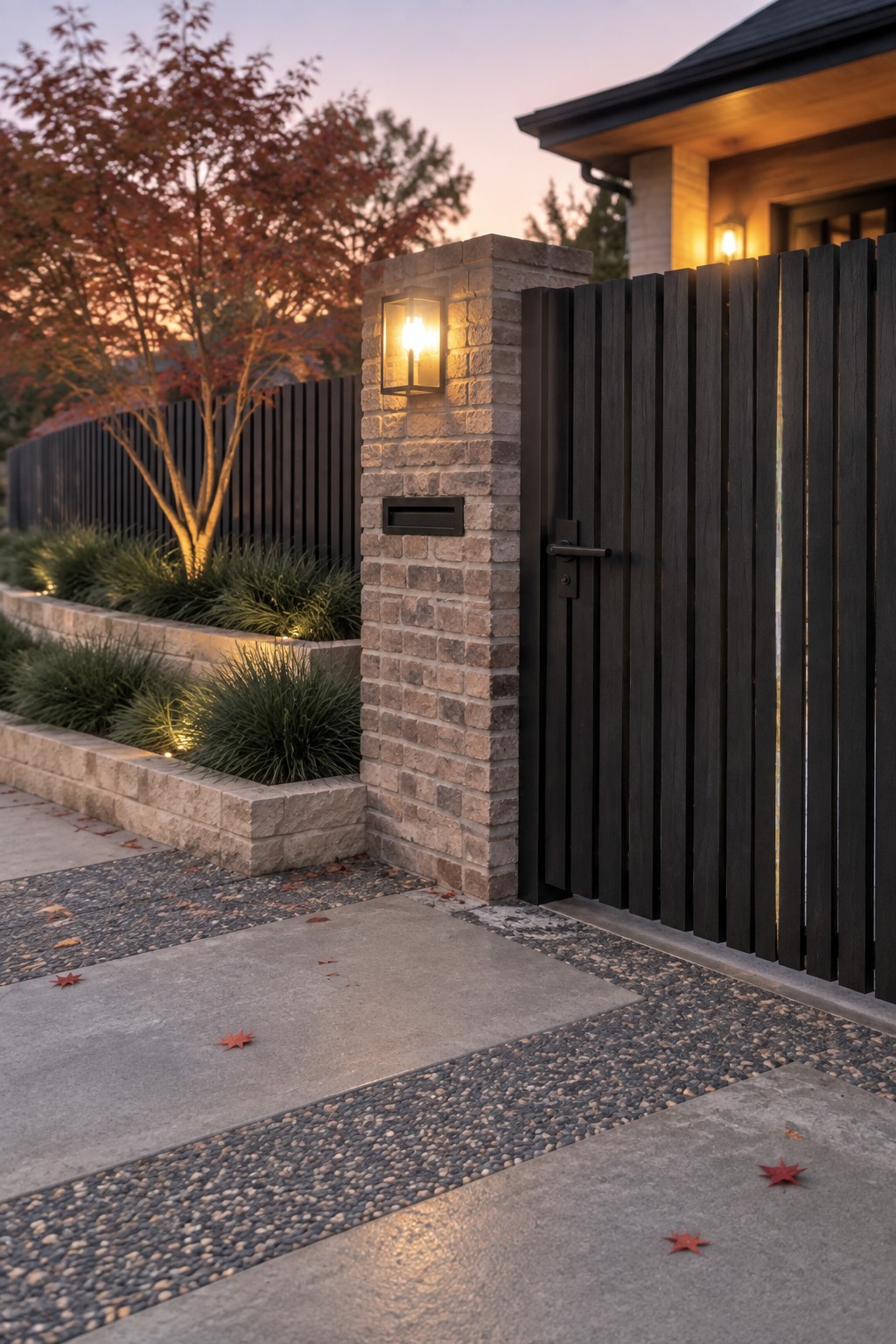 A modern driveway entrance featuring a dark vertical wood slat gate mounted to a brick pillar with a lit wall lantern, concrete path, and gravel edging at dusk.
