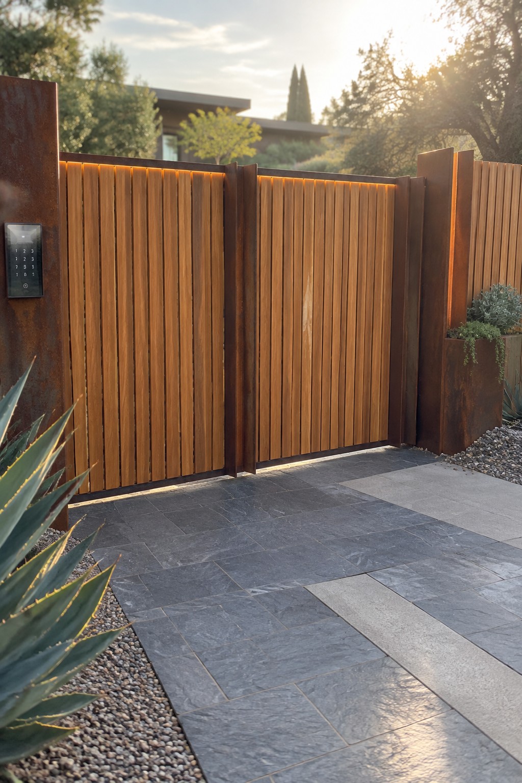 A modern driveway gate with vertical wood slats set in rusted metal frames, backlit along the top edge, with a keypad panel on the left post and stone paving in the foreground.