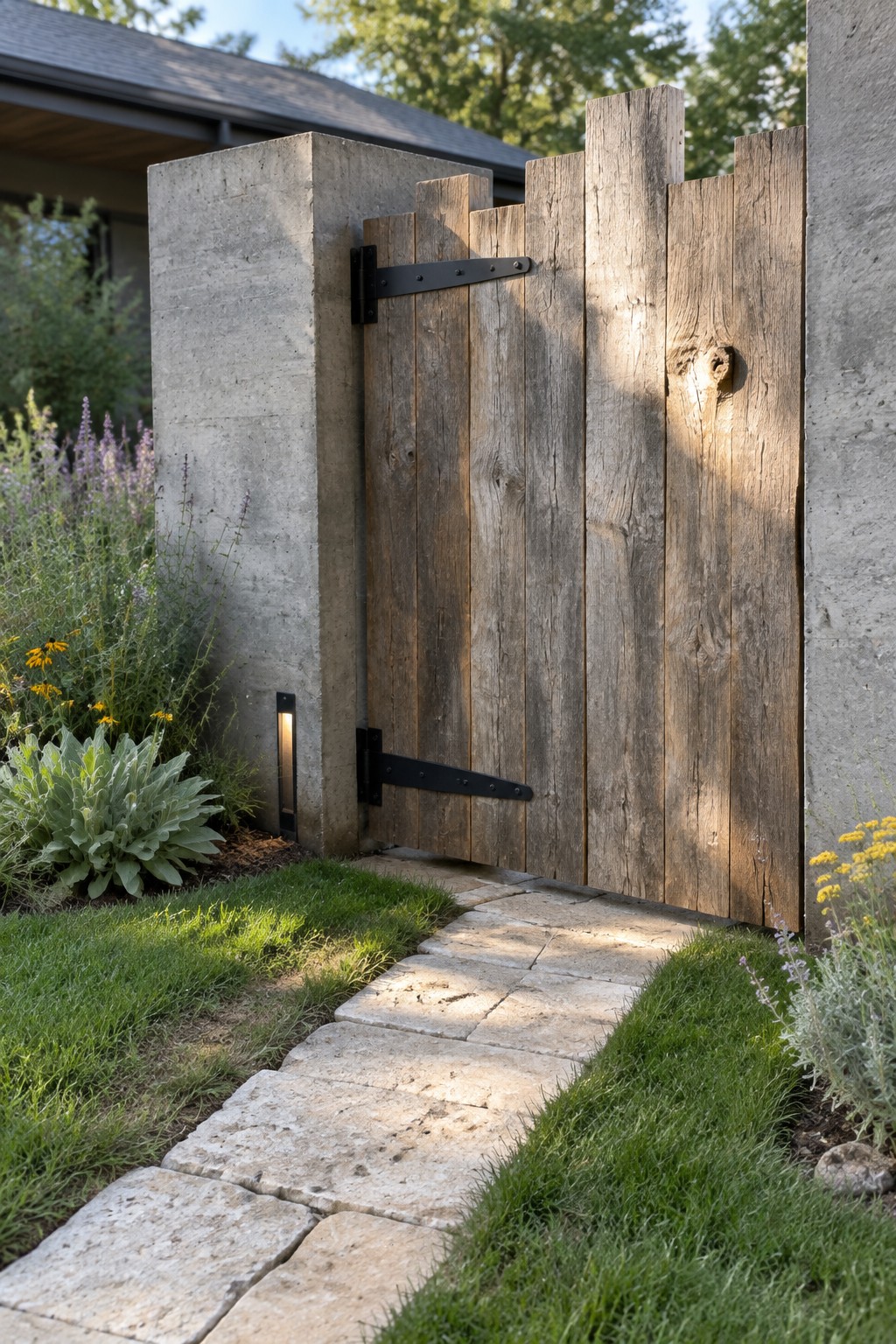 Weathered wooden gate with black hinges in concrete wall beside stone path