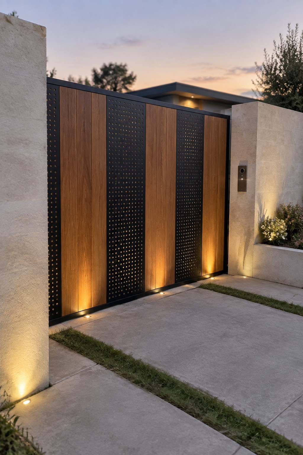 A modern driveway gate with alternating vertical wood panels and black perforated metal sections, framed by light stone walls and lit from below.