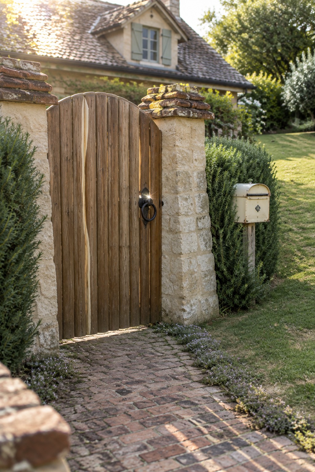 A wooden gate between two stone pillars at the end of a brick path, with a house visible behind it and a mailbox to the right.