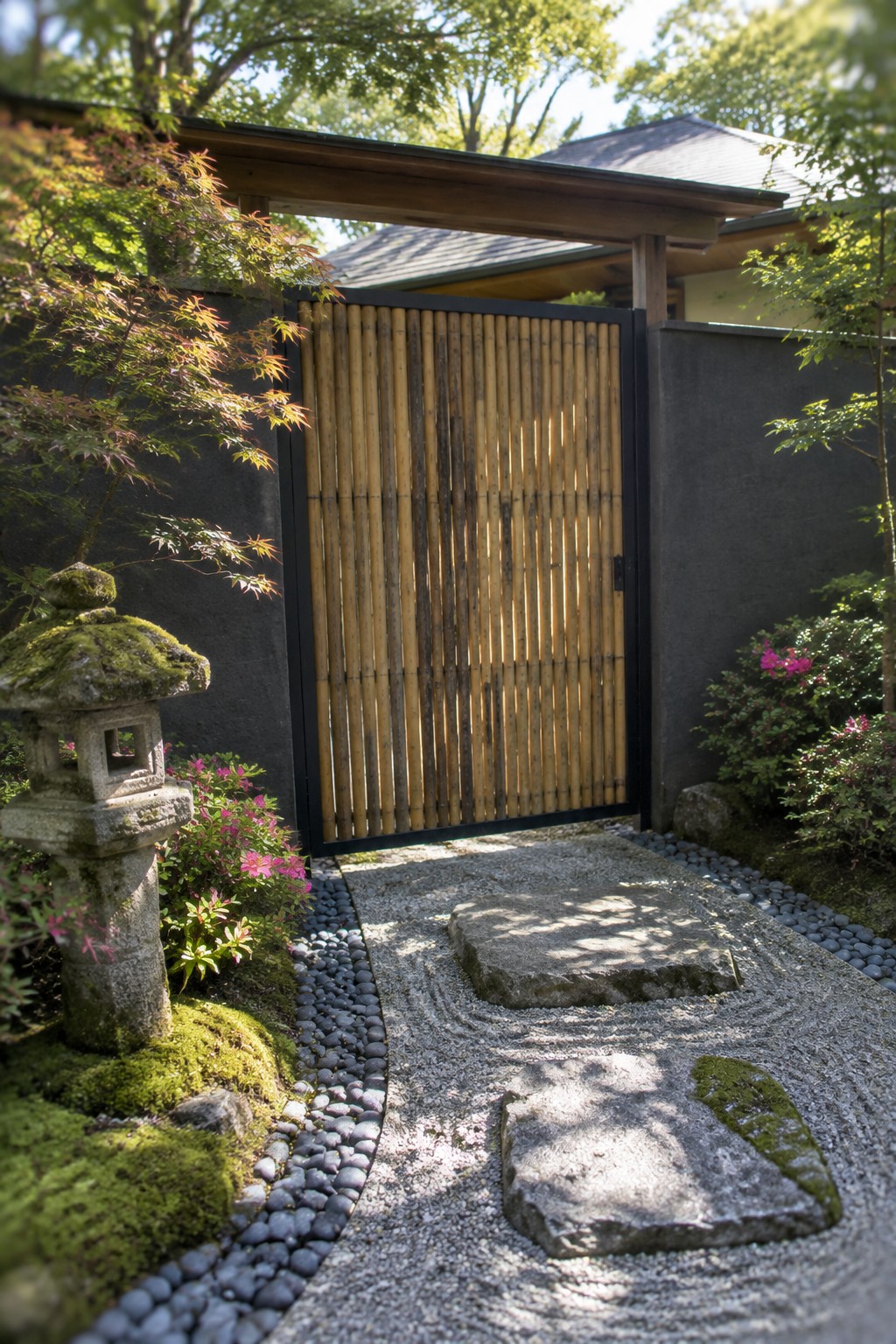 A bamboo gate with vertical poles stands within a dark wall beside a raked gravel path lined with large stepping stones and bordered by shrubs and a stone lantern.