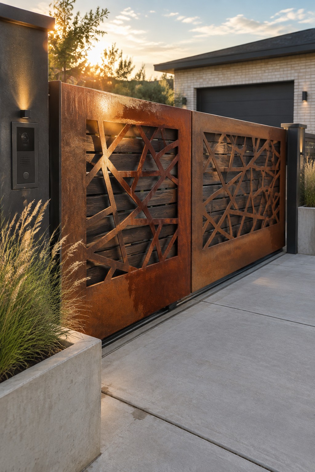 A rusted metal driveway gate with geometric cutout patterns over dark wood slats, installed beside a modern house with a concrete driveway.