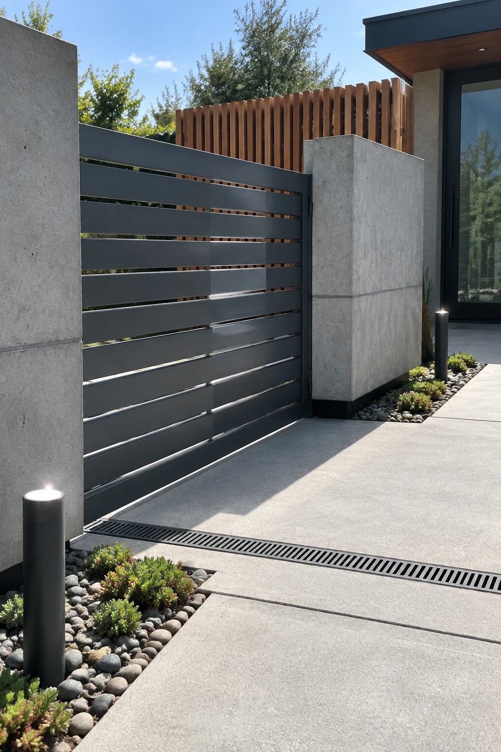 A dark horizontal slat driveway gate between concrete pillars, with gravel landscaping and a modern house visible on the right.