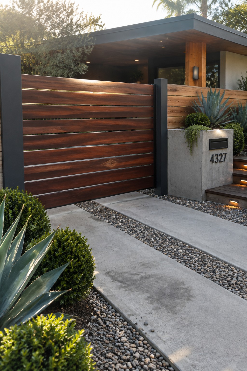 A modern wooden driveway gate with horizontal slats set in dark metal posts next to a concrete mailbox pillar marked 4327.