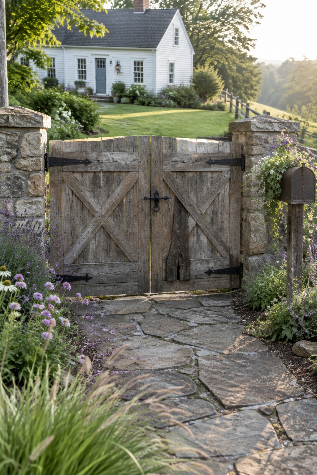 A wooden double driveway gate with X-bracing stands open between two stone pillars at the start of a flagstone path, with a white house and garden visible beyond.