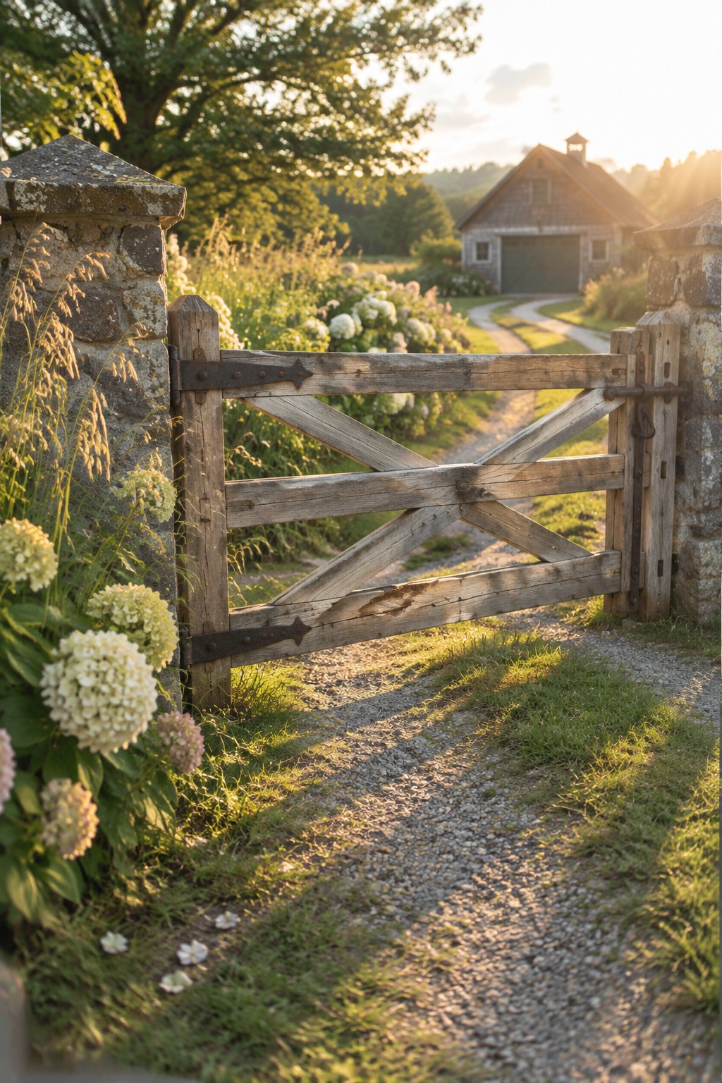Weathered wooden gate between stone pillars amid hydrangeas on path to barn at sunset