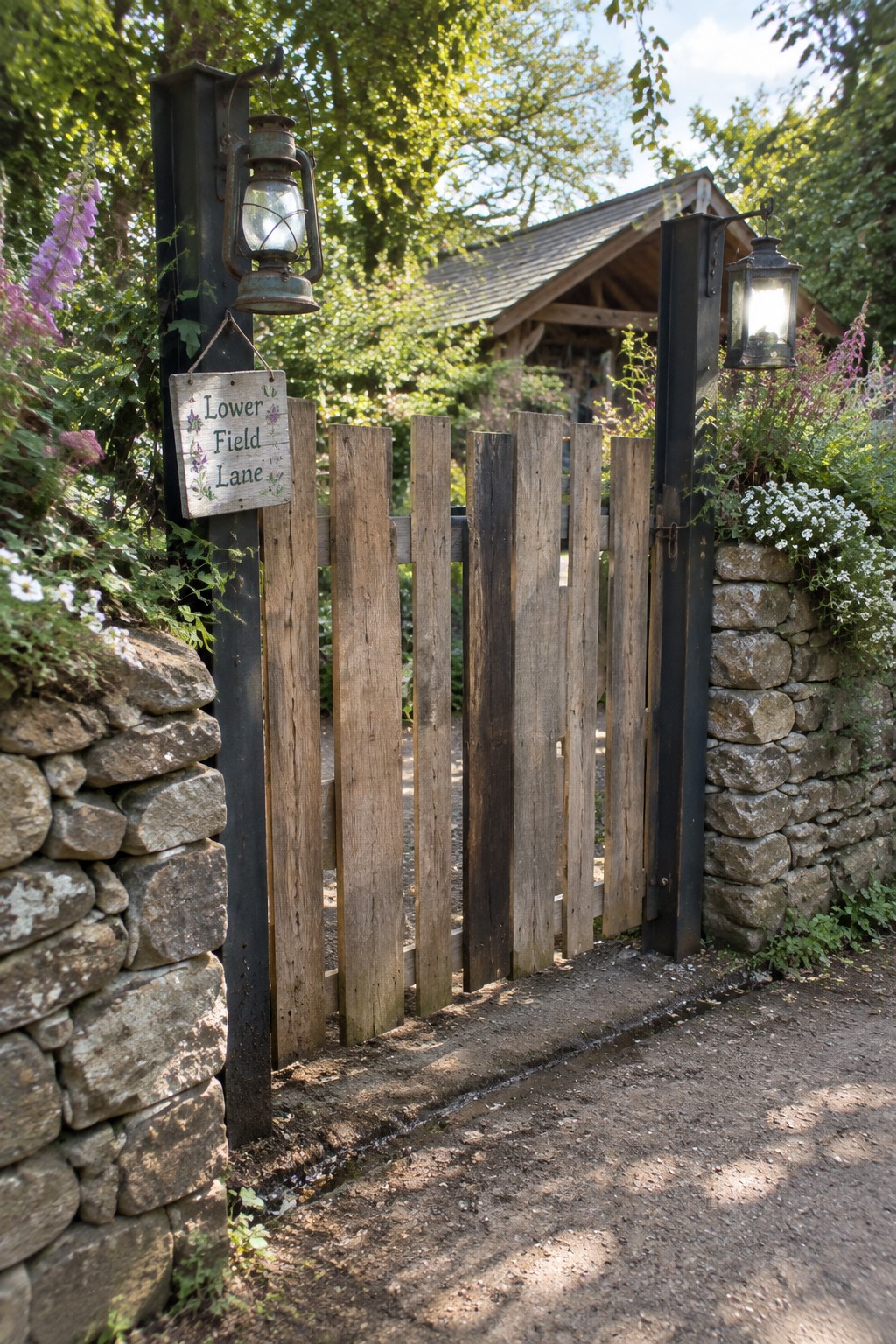 A wooden gate with vertical planks stands open between low stone walls, with two lanterns mounted on black posts and a small wooden sign hanging from the left post.