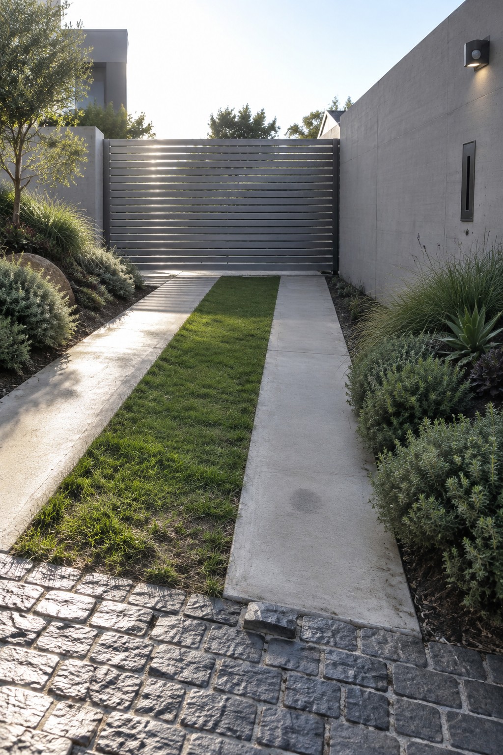 Modern concrete path with central grass strip leading to slatted metal gate in sunlight
