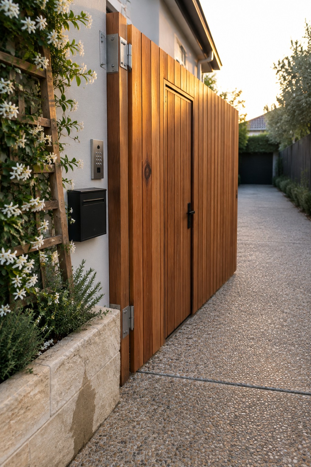 A tall wooden driveway gate with vertical slats and an integrated pedestrian door, set beside a stone wall with a black mailbox and climbing plants.