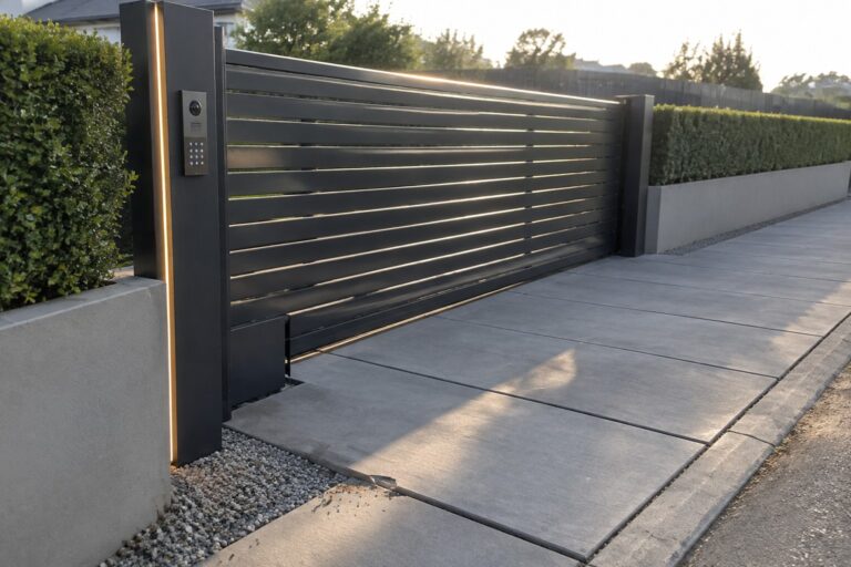 Modern dark slatted gate with vertical LED lights, keypad, and concrete path