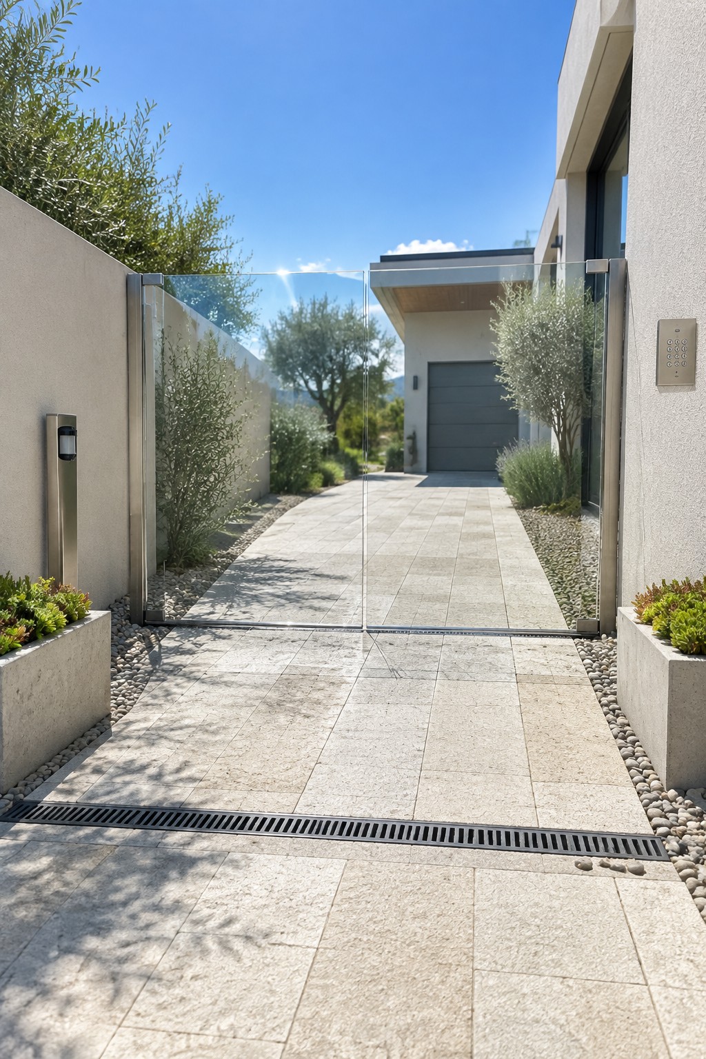 A modern house exterior with a frameless glass driveway gate set between concrete walls, opening onto a paved stone driveway lined with gravel and shrubs.