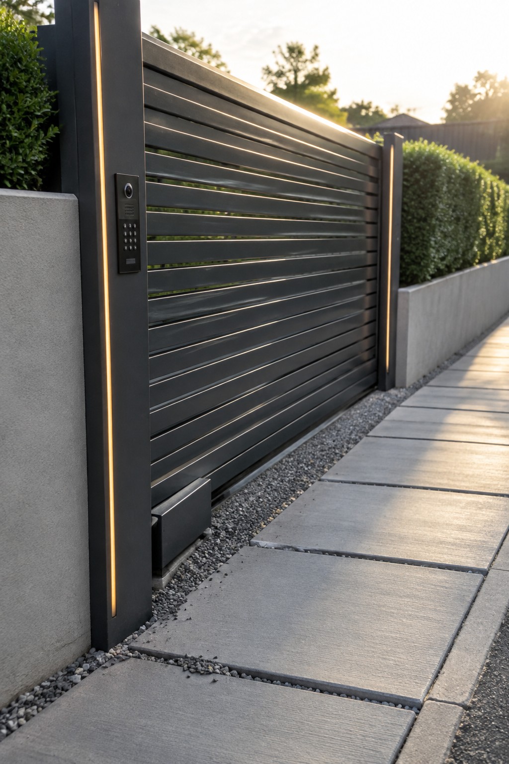 Modern dark slatted gate with vertical LED lights, keypad, and concrete path