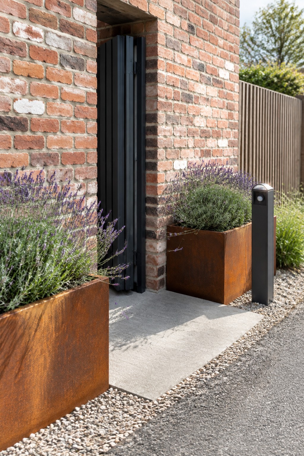 Black door in red brick wall beside rusty planters of lavender and black light post