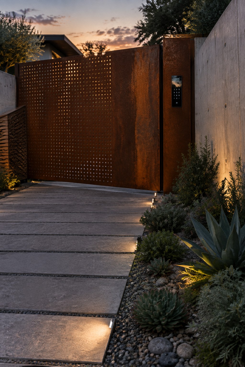 Rusted metal gate with perforated pattern beside illuminated stone path and succulents at sunset