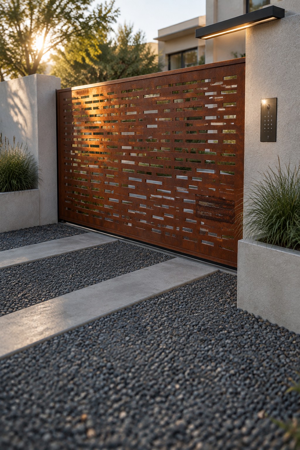 A rusted metal driveway gate with horizontal slats stands between concrete walls next to gravel and a wall-mounted keypad.