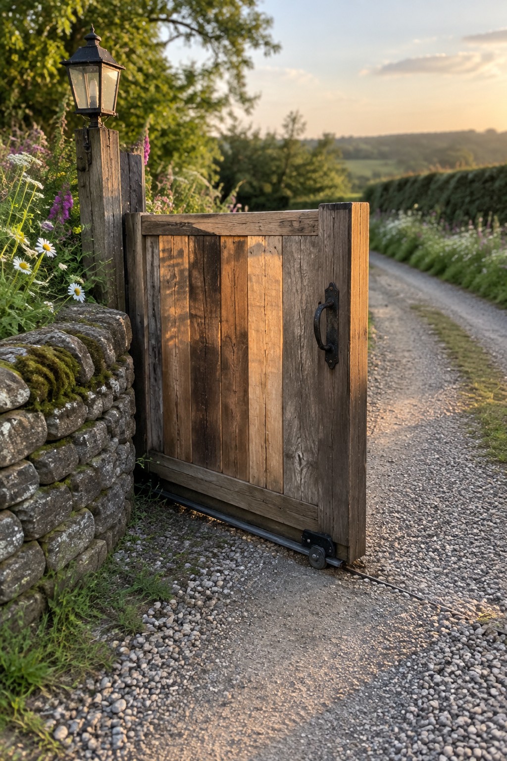 Weathered wooden sliding gate on gravel path beside mossy stone wall with lantern