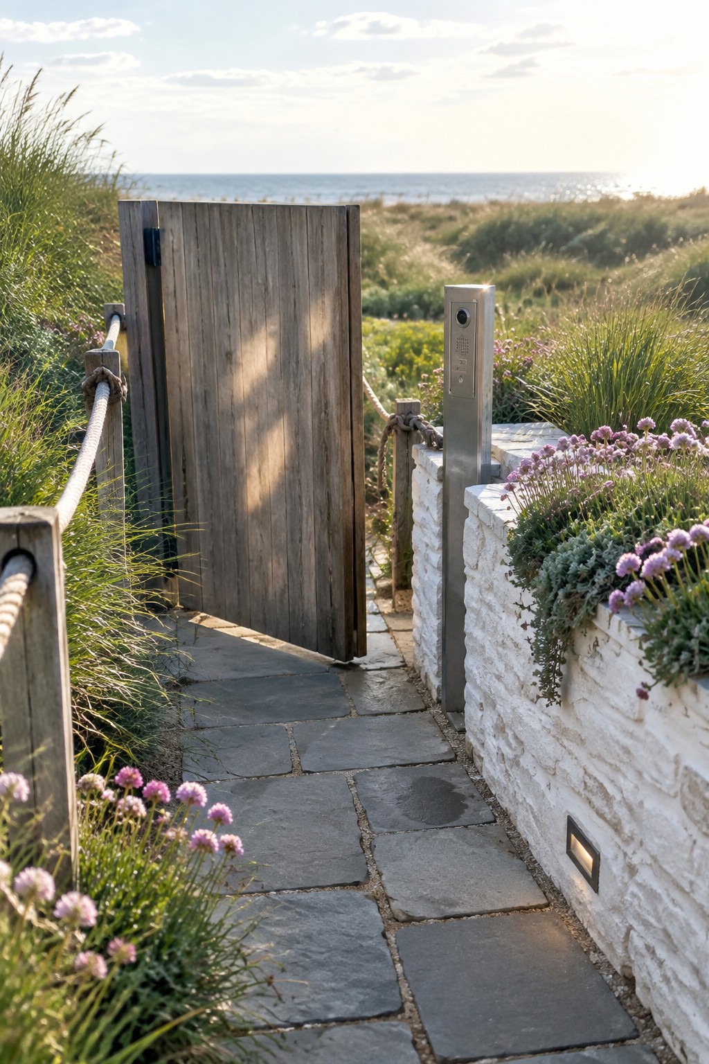 Open wooden gate on a narrow stone path beside a white stone wall with an intercom post and flowering plants.