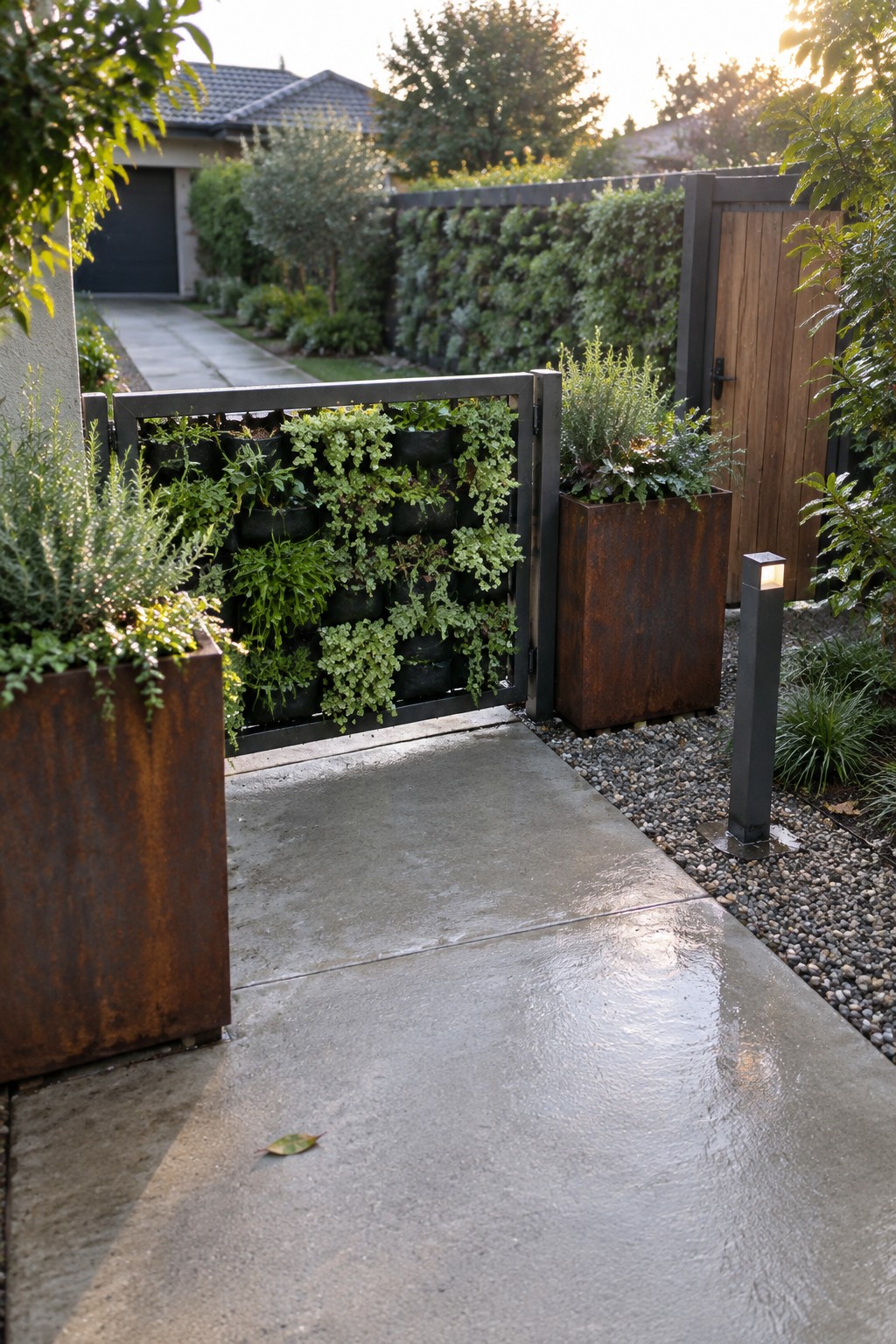 A black metal driveway gate with rows of black plant pockets filled with green foliage stands open beside rusted metal planters on a concrete path.