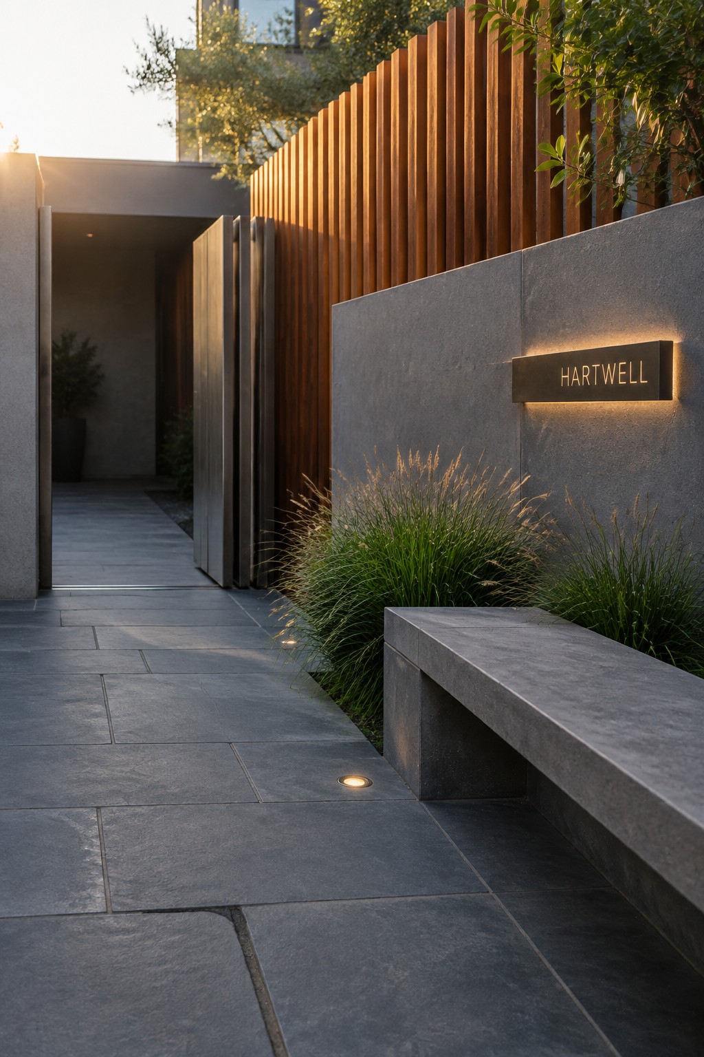 A narrow stone pathway runs between a gray concrete wall with a lit sign and a row of vertical wood slats, with a concrete bench and ornamental grasses along one side.