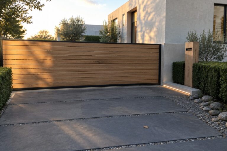 17 Refined Minimalist Driveway Gate Ideas With Simple Profiles Modern wooden slat gate beside concrete driveway with pebble strips at sunset