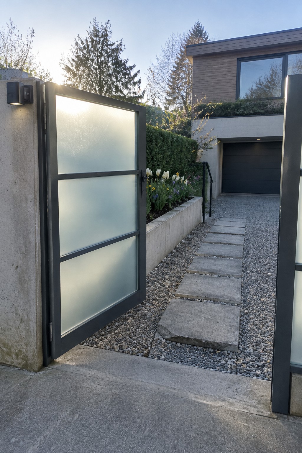A modern black metal driveway gate with three frosted glass panels stands open beside a concrete pillar, revealing a gravel path and house beyond.
