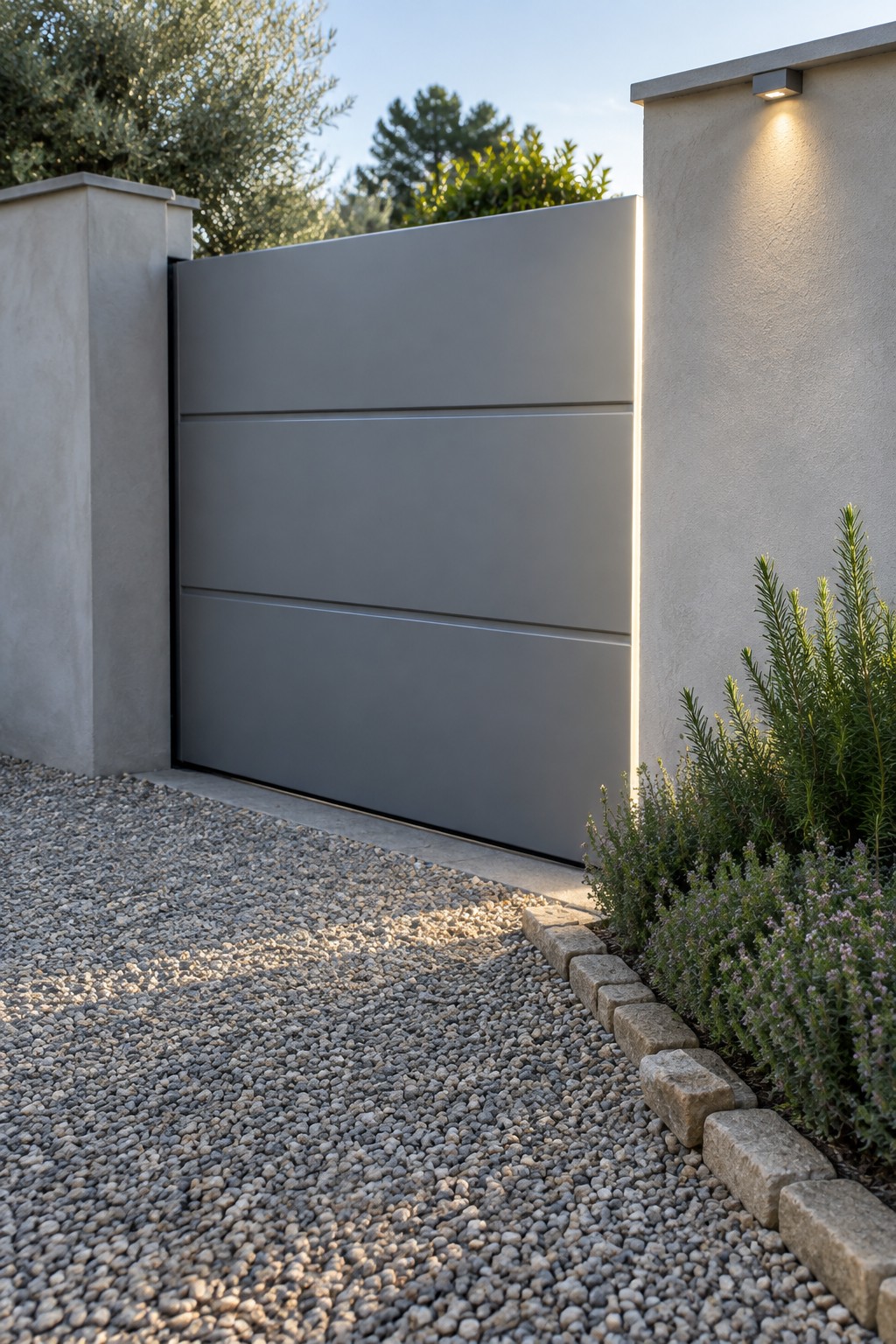 A gray horizontal-paneled driveway gate between concrete pillars with a vertical light strip along the right side and gravel in the foreground.