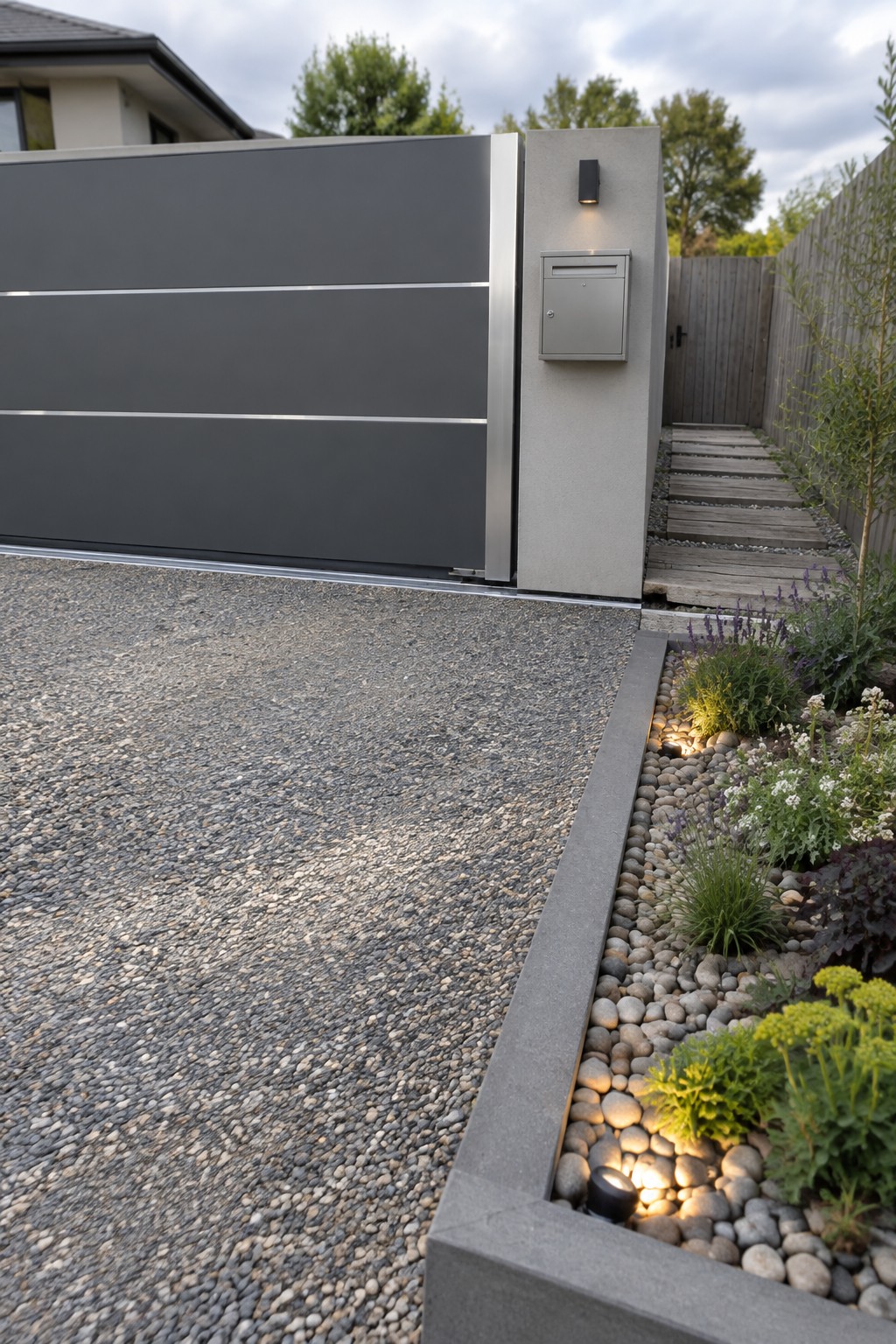 A dark gray horizontal slat driveway gate attached to a concrete pillar with a mailbox, next to a gravel driveway and a low concrete planter filled with pebbles and plants.