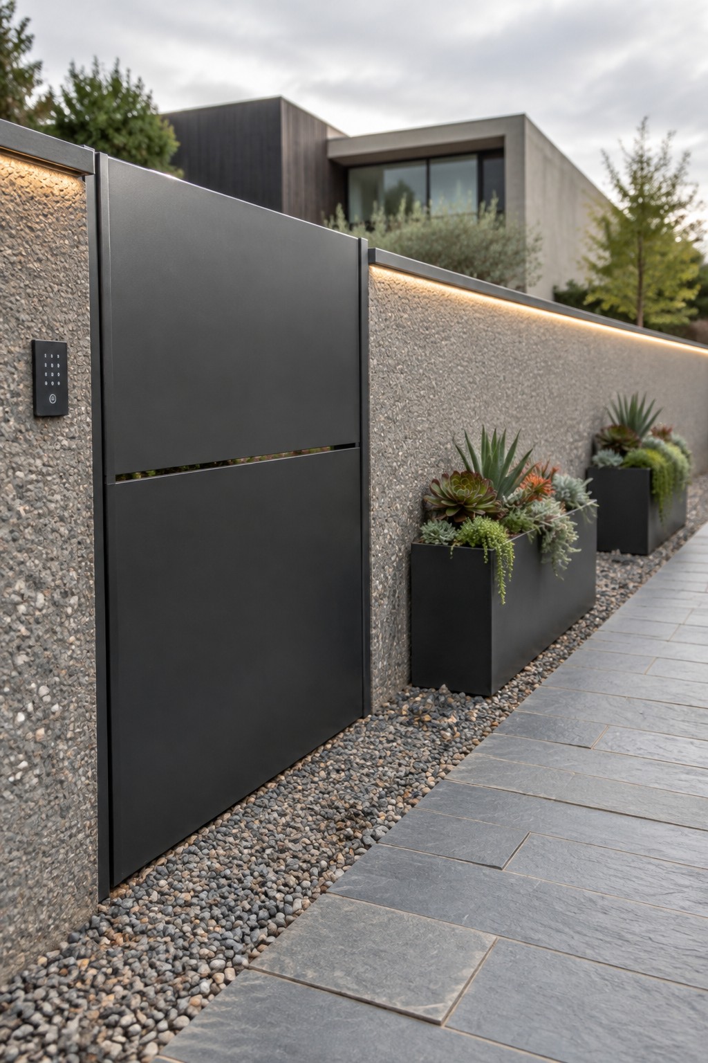 A black metal driveway gate with two horizontal panels is set into a textured concrete wall beside a paved walkway lined with black rectangular planters.