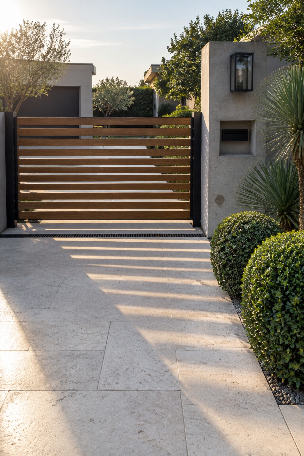 A modern driveway gate made of horizontal wooden slats stands between concrete pillars, with a light stone driveway and green shrubs visible to the right.