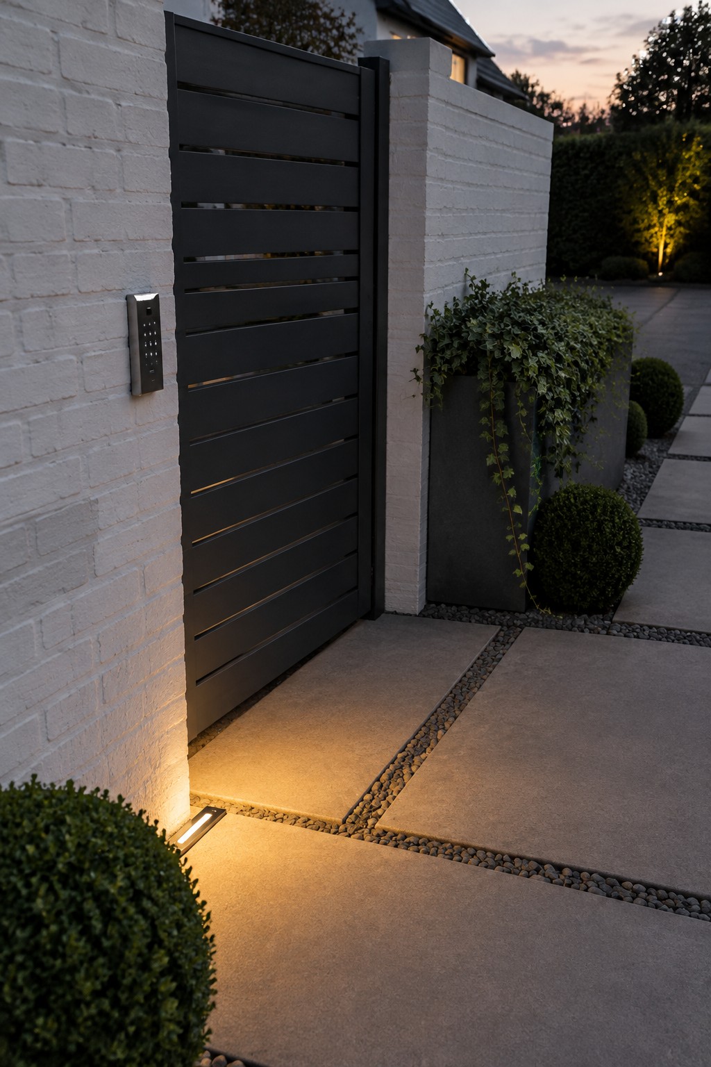 A black horizontal slat gate installed in a white brick wall beside a concrete driveway with recessed lighting and dark planters.