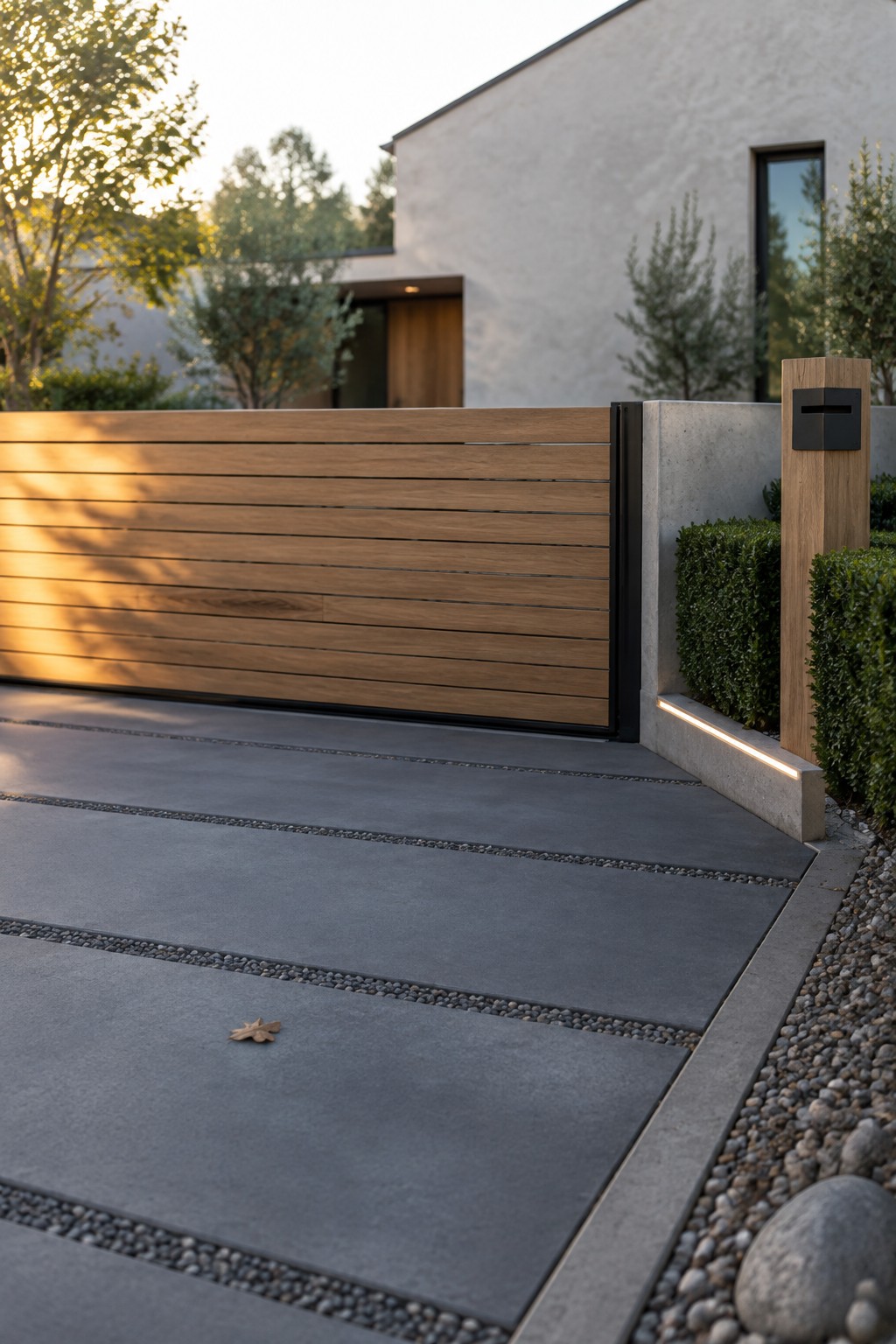 Modern wooden slat gate beside concrete driveway with pebble strips at sunset