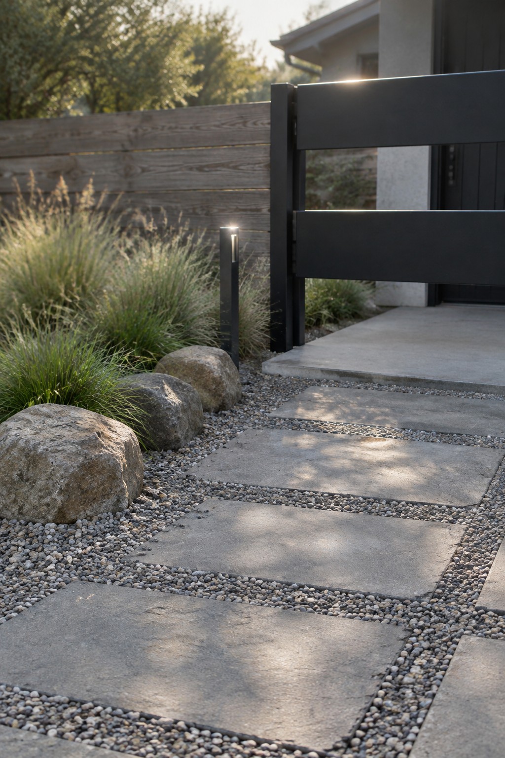 A black metal driveway gate with horizontal slats stands beside a concrete paver path edged with gravel, rocks, and ornamental grasses.